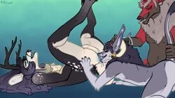 2018 absurd_res anal animal_genitalia animal_penis anthro antlers asmodeus_(character) black_body black_fur black_hair bodily_fluids canid canid_demon canine canine_genitalia canine_penis cherno_(sarkethus) cum cum_in_ass cum_inside deer demon ear_piercing erection facial_piercing felching fur gauged_ear genital_fluids genitals grey_body grey_fur group hair hand_on_head hellhound hi_res horn horn_jewelry horn_ring jewelry knot knotted_penis long_hair male male/male male_anthro mammal meldritchhorror mythological_canine mythological_creature mythology nipples nose_piercing nose_ring nude nude_anthro nude_male open_mouth oral penis piercing raised_tail red_body red_fur red_penis rimming ring_(jewelry) ring_piercing rosier sex simple_background smile tail tail_grab teeth tongue tongue_out trio white_body white_fur