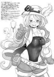 aged_up female female_only glasses gloves helmet leotard long_hair looking_at_viewer made_in_abyss medium_breasts monochrome nipple_bulge no_bra riko_(made_in_abyss) short_shorts shorts smile solo very_long_hair wavy_hair whistle whistle_around_neck wide_hips yaguchiyuki
