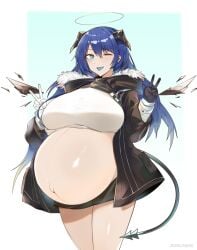 arknights big_breasts blue_eyes blue_hair double_v female female_only halo horns huge_belly jacket long_hair looking_at_viewer mostima_(arknights) pregnant ready_to_pop smile solo tail tongue_out wink