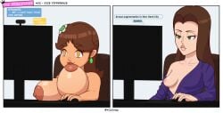 2girls artist_name breast_slip breast_sucking breasts brown_hair chair clothed_female_nude_female clover_hair_ornament computer dark_nipples earrings english_text female flower_earrings green_eyes hair_ornament huge_breasts huge_nipples jewelry large_areolae large_breasts lips long_hair looking_at_another mario_(series) mature_female monitor multiple_girls nipples no_bra nude off_shoulder one_breast_out open_clothes pauline_(mario) pink_lips princess_daisy puffy_nipples sitting small_breasts sucking_breasts_meme super_mario_bros. unaligned_breasts yellow_eyes yolkiin yuri
