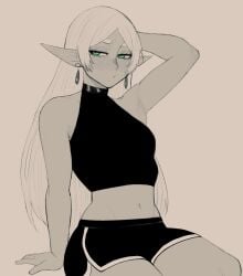 1girls arm_up armpits arms_up belly belly_button black_clothes black_clothing blonde_hair blush breasts cleavage collarbone cullieon earrings elf elf_ears elf_female elf_girl female female_elf female_focus female_only frieren frieren_beyond_journey's_end green_eyes hair_behind_ear half-closed_eyes hand_on_own_head highres hourglass_figure jewelry long_hair looking_to_the_side midriff monochrome raised_arm short_shorts shorts sleeveless sleeveless_shirt sleeveless_turtleneck slim_waist small_breasts solo solo_female solo_focus spot_color tank_top tight_clothes tight_clothing tummy turtleneck white_hair wide_hips