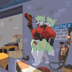 absurd_res animal_genitalia anthro blush blush_lines bodily_fluids bottomless breasts breath canid canine canis christmas_decorations christmas_lights clothed clothing crate duo epic_derzito eyebrows female flamethrower flare_gun fur genital_fluids genitals gloves green_body green_fur handwear hi_res interloper_(interlope_fur) interposter_(interlope_fur) male male/female mammal open_mouth outside_sex penis precum precum_string pyro_(team_fortress_2) ranged_weapon rubbing_sound_effect sex team_fortress_2 text thigh_sex tongue tongue_out truck valve vehicle vulva weapon white_body white_eyebrows white_fur wolf yellow_sclera