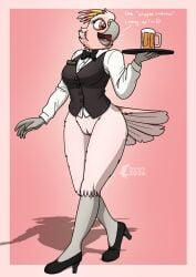 absurd_res alcohol anthro avian bartender beer beer_mug beverage big_breasts bird bottomless bottomless_female bow_tie breasts clothed clothing cockatoo collared_shirt dress_shirt female fish_birb footwear genitals hi_res high_heels jenny_(fish_birb) major_mitchell's_cockatoo parrot pink_body shirt shoes solo thick_thighs topwear vest vulva waiter waiter_suit waiter_tray waitress_uniform