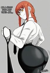 ai_assisted ai_generated big_ass big_breasts bubble_butt chainsaw_man clothed clothing collar dominant dominant_female fat_ass femdom gray_background large_breasts makima_(chainsaw_man) nebryl pov pov_male pulling_collar red_hair roleplay round_ass thick_thighs thighs yellow_eyes