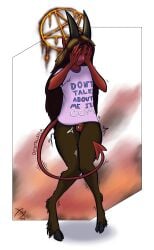 2026 absurd_res artist_name balls blush bodily_fluids bottomless bottomless_male chastity_cage chastity_device clothed clothing covering covering_face cum curled_tail demon destrustor femboy genital_fluids genitals gold_(metal) gold_chastity_cage gold_chastity_device hair hi_res hooves horn horned_humanoid humanoid leaking_cum legs_together long_hair male occult_symbol pentagram red_body red_skin shirt signature solo spade_tail standing symbol t-shirt tail text text_on_clothing text_on_shirt text_on_topwear topwear tremble_spikes twitching unguligrade