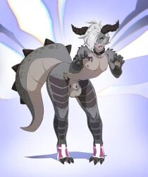 animal_genitalia anthro avocado_seed balls big_balls clothing collar deathclaw eyebrow_piercing facial_piercing fallout femboy footwear furgonomics furry-specific_piercing genitals gevaudan_(good4life4ever) hi_res horn horn_piercing leaning leaning_forward male microsoft nipples penis piercing rawr scales scalie sheath solo tail toeless_footwear tongue tongue_piercing