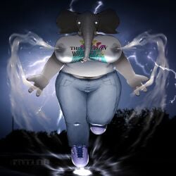 3_fingers absurd_res anthro band1tnsfw big_ears blue_bottomwear blue_clothing blue_jeans blue_pants bodily_fluids bottomwear clothing denim denim_bottomwear denim_clothing ear_piercing ear_ring electricity electricity_manipulation elemental_manipulation elephant elephantid energy english_text female fingers floating floating_in_air footwear glowing glowing_eyes hi_res horn jeans jodie_hughes_(band1tnsfw) lactating lightning looking_at_viewer mammal meme meme_reference night pants piercing proboscidean projectile_lactation purple_clothing purple_footwear purple_shoes reference ring_piercing shirt shoes sneakers solo storm storm_clouds text topwear white_clothing white_shirt white_topwear