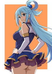 aqua_(konosuba) argenisdraws armpits ass ass_focus bare_ass bare_legs blue_eyes blue_hair blush bottomless dress female_focus female_only from_behind goddess huge_ass kadokawa_shoten kono_subarashii_sekai_ni_shukufuku_wo! legs looking_back no_panties ponytail round_ass sexy_ass skirt smile sniffable_ass studio_deen young young_female