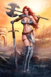 abs big_ass big_breasts breasts_bigger_than_head female green_eyes impractical_armor looking_at_viewer metal_bikini mikamipinup perfect_body red_hair red_sonja sexy warrior