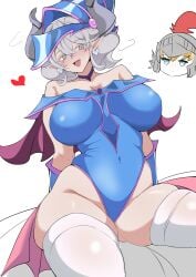 2girls arms_behind_back blonde_hair bluee blush cleavage collar cosplay curvy dark_magician_girl dark_magician_girl_(cosplay) demon demon_girl demon_horns dress duel_monster earrings female gloves hat heart heart_tattoo hi_res knight_(yu-gi-oh!) konami labrynth_of_the_silver_castle large_breasts legwear looking_at_another lovely_labrynth_of_the_silver_castle magician magician_hat mature_female milf mommy no_panties open_mouth palaeblue pointy_ears princess queen robe seductive_smile silver_eyes silver_hair sitting skirt smile tattoo thick_thighs thighs twintails voluptuous white_background wide_hips yu-gi-oh!