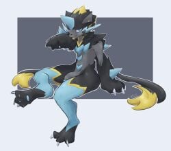 absurd_res anthro generation_9_pokemon genitals hi_res licking looking_at_viewer male mega_evolution mega_zeraora nintendo paws penis pokemon pokemon_(species) simple_background sitting solo tongue zoroarkcumslut
