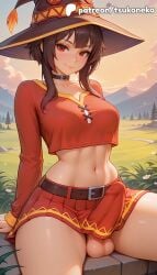 1futa 2026 ai_assisted ai_generated anime artist_name beach belt breasts brown_hair cock collar dick explicit futa_only futanari hat hi_res high_quality high_resolution highres kono_subarashii_sekai_ni_shukufuku_wo! konosuba light-skinned_futa megumin navel patreon patreon_username penis red_eyes sitting smile solo stable_diffusion sunset testicles tsukoneko watermark witch_hat