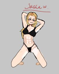 2026 abs amphibia black_bra black_panties blonde_hair bra long_hair on_knees sasha_waybright six_pack smiling_at_viewer