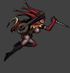 1girls ass big_ass breasts darkest_dungeon female jester jester_(darkest_dungeon) jester_cap jester_costume jester_girl jester_hat jester_outfit knife nipples protosparks sickle solo weapon