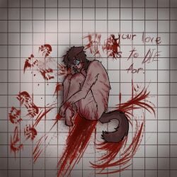 abuse anthro arm_scar beaten_up blood blood_on_ground blood_play blood_splatter blood_stain blue_eyes bodily_fluids boots brown_body brown_fur bruised bruised_back clothing crazed_look dark_room ears_down extreme_gore featureless_crotch feet floor foot_markings footwear fur gore gore_focus hi_res hyena hypnotic_eyes kidnapping leg_markings leg_scar male mammal markings nude obsessed pivoted_ears scar scared_eyes self-harm_scars shoes solo spiral spiral_eyes syphizyeen tail tail_motion text thigh_scar tile tile_floor trikky_(syphizyeen)