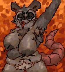 american_opossum anthro armpit_fetish armpit_hair belly blush blush_lines bodily_fluids body_hair breast_squish breasts desamistesae_fafratarello_flumendo_styx eyewear female fluffy front_view fur genitals gesture glasses grey_body grey_fur hand_gesture hi_res looking_at_viewer mammal marsupial messy_fur muffin_top neck_tuft nipple_piercing nipples orange_background piercing pubes raised_arm scaliescum simple_background solo spreading_armpit squish sweat tail thick_thighs tongue tongue_drip tongue_out tuft v_sign virginia_opossum vulva wearing_glasses