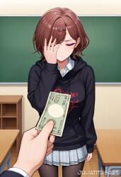 1boy ai_generated bangs black_hoodie black_sweater blush brown_hair classroom closed_eyes closed_mouth collared_shirt cowboy_shot desk female grey_skirt hair_ornament hairclip hand_on_own_face hand_over_eye hand_up higuchi_madoka holding holding_money hood hoodie idolmaster indoors juliatitusart long_sleeves miniskirt mole mole_under_eye money pantyhose plaid plaid_skirt pleated_skirt pov pov_hands prostitution purple_eyes school_uniform shirt short_hair skirt solo_focus standing sweater swept_bangs white_shirt