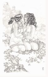 2girls black_hair breast_grab breasts closed_eyes dc_comics diana_prince donna_troy female gene_espy justice_league kissing monochrome multiple_girls panties ponytail tied_hair topless wonder_girl wonder_woman wonder_woman_(series) yuri