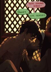 1boy 1girls 2026 2d alternate_version_available andrew_graves ashley_graves black_hair breasts brother_and_sister choker church confession_booth dialogue english_text eye_contact female green_eyes highres incest light-skinned_female light-skinned_male light_skin looking_at_another male medium_breasts nipples nude nude_female nude_male nun nun's_habit pink_eyes priest rosary sel_(artist) speech_bubble text the_coffin_of_andy_and_leyley