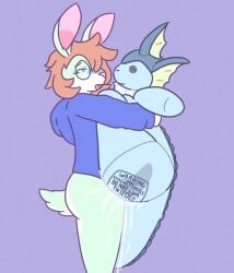 animate_inanimate anthro blue_eyes bodily_fluids bottomless breeding_kink brown_hair clothed clothing cream_heart cum cum_in_pussy cum_in_vagina cum_inside duo eeveelution eyewear female femboy feminine feral fur gabby_summers_(oc) generation_1_pokemon genital_fluids glasses hair hi_res hoodie hoodie_only impregnation impregnation_risk jellybeankofi lagomorph leporid male male/female mammal multicolored_body multicolored_fur nintendo penetration plushie plushophilia pokémon_(species) pokemon pokemon_(species) pregnant rabbit topwear topwear_only vaginal_penetration vaporeon warning warning_sign wearing_glasses x-ray_view