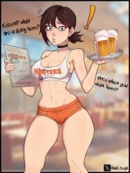 1girls ass_visible_through_thighs big_thighs breasts camel_toe cameltoe chainsaw_man cleavage clothing crop_top curvy curvy_figure english_text higashiyama_kobeni hooters hooters_uniform huge_thighs kobeni_higashiyama looking_at_viewer massive_thighs medium_breasts shadboy shorts suggestive text thick_legs thick_thighs thigh_gap thighs thunder_thighs thunderthighs wide_hips wide_thighs