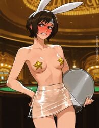 1girls ai_generated bunny_ears casino close-up embarrassed embarrassed_female exhibitionism final_fantasy final_fantasy_vii final_fantasy_vii_rebirth final_fantasy_vii_remake forced_exhibitionism functionally_nude functionally_nude_female nipple_pasties no_panties pasties public public_exposure public_indecency public_nudity pussy pussy_peek see-through see-through_clothes see-through_clothing see-through_skirt shiny_skin skimpy skimpy_clothes skimpy_outfit skirt transparent_clothing tray useless_clothing waitress