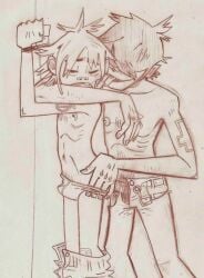 2d_(gorillaz) accurate_art_style aportealcosmos chef_kiss gay gorillaz half-dressed hard_on moaning_in_pleasure murdoc_niccals perfection this_is_soooo_good tied_wrists