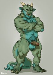 1boy 5_toes balls biceps big_balls claws crossed_arms dragon erection feet hairy horn looking_at_viewer male male_only manly muscular nude penis plantigrade rossciaco scalie smile solo thick_penis toes uncut