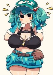 1girls big_breasts boobs cleavage green_hair hat kappa light-skinned_female long_gloves midriff mob_face nitori_kawashiro nono_(notnoe) notnoe_(dxcl) peace_sign pigtails skirt solo solo_female tank_top thick_thighs thighs touhou