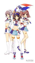 3girls armband asahina_mikuru blue_skirt breasts brown_eyes brown_hair crop_top detached_collar detached_sleeves hairband hand_on_hip headset high_heel_boots high_heels holding_umbrella ito_noizi looking_at_viewer midriff nagato_yuki navel race_queen shoes short_hair skirt small_breasts suzumiya_haruhi suzumiya_haruhi_no_yuuutsu tattoo tattoo_on_face tattoo_on_hips tattoo_on_legs thighhigh_boots thighhighs twintails umbrella white_crop_top