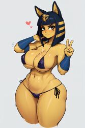 ai_generated animal_crossing ankha ankha_(animal_crossing) big_breasts bikini ozymandias peace_sign tagme thick_thighs