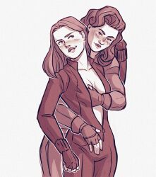 2girls black_widow_(marvel) blush breast_grab breast_grab_from_behind breast_grab_under_clothes captain_america_(series) captain_carter critter-of-habit female female_only fingerless_gloves gloves long_hair looking_at_another looking_at_partner marvel marvel_cinematic_universe muscular_female natasha_romanoff peggy_carter sketch smile smiling what_if...? yuri zipper zipper_down zipper_pull_tab