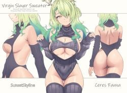 1girls ass back_view breasts ceres_fauna cute flowers_in_hair green_hair hololive hololive_english hololive_english_-council- hololive_english_-promise- sideboob sunsetskyline sweater thighs underboob virgin_killer_sweater virtual_youtuber