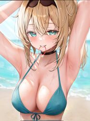 1girls 2023 armpits beach big_breasts bikini blush blush_lines breasts choker ebihurai_(hotarun1611) eyebrows eyebrows_visible_through_hair eyelashes female female_only hololive hololive_japan holox huge_breasts kazama_iroha light-skinned_female light_skin looking_at_viewer nipple_bulge ocean sea seaside teal_eyes teeth virtual_youtuber wet wet_body yellow_hair