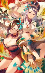2girls alternate_costume bare_shoulders bead_necklace beads breasts brown_eyes brown_hair cleavage comb crop_top detached_sleeves feathers female female_only fire_emblem fire_emblem_fates fire_emblem_heroes hair_ornament hair_over_one_eye hairpods hand_fan hand_up highres holding holding_fan japanese_clothes jewelry kagero_(fire_emblem) kagero_(winds_offered)_(fire_emblem) kimono large_breasts long_hair looking_at_viewer mature_female midriff multiple_girls navel necklace ninja nintendo official_alternate_costume oh01861884 orochi_(fire_emblem) orochi_(winds_offered)_(fire_emblem) peacock_feathers pelvic_curtain pinwheel_hair_ornament ponytail purple_eyes purple_hair short_kimono side_slit smile tassel thighs