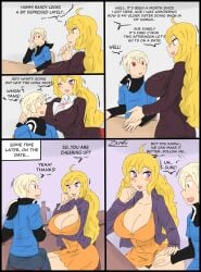 1boy 1girls big_breasts blonde_female blonde_hair date dialogue dress long_hair long_hair_female original_character page_1 purple_eyes rwby school_uniform yang_xiao_long zronku