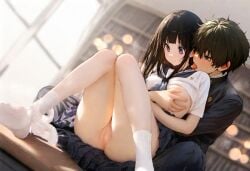 ai_generated black_hair blush breasts chitanda_eru embarrassed female hyouka male oreki_houtarou purple_eyes pussy shy stable_diffusion