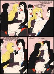 1boy 2boys anal_sex anal_sex big_breasts blonde_female blonde_hair breasts double_penetration jin_satou kissing kissing_neck kissing_while_penetrated long_hair long_hair_female original_character penetration red_eyes rwby school_uniform sex sex_from_behind yang_xiao_long zronku