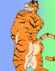 absurd_res anthro anus ass balls big_butt digital_media_(artwork) epic_games felid fortnite fur genitals hair hi_res looking_back male mammal muscular muscular_anthro muscular_male nude orange_body orange_fur oscar_(fortnite) pantherine rear_view simple_background solo stripes sylvanedadeer tail tiger