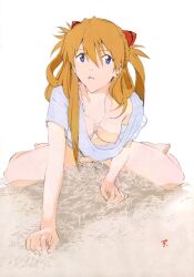 asuka_langley_sohryu bottomless breasts hanging_breasts naked_shirt neon_genesis_evangelion nipples no_bra nude nude_edit nude_filter official_art orange_hair pussy