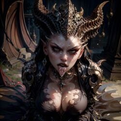 1girls after_fellatio after_oral ai_generated angry angry_face arbitrary blizzard_entertainment cleavage cum cum_in_mouth demon demon_girl demon_horns diablo_4 hi_res large_breasts lilith_(diablo) milf open_mouth oral_creampie semen stable_diffusion succubus succubus_queen tongue_out