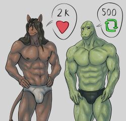 anthro beastars black_briefs black_clothing black_underwear briefs briefs_only brown_body brown_fur brown_hair bulge clothed clothing duo equid equine ffog fur genital_outline gosha_(beastars) green_body green_skin hair hands_on_hips heart horse long_hair male mammal muscular muscular_male number penis_outline retweet smile text tighty_whities topless underwear underwear_only white_briefs white_clothing white_underwear yahya_(beastars)