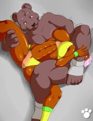 bear bikini_bottom breasts cameltoe dark-skinned_female defeated_heroine furry half_naked joint_lock legs_apart legs_spread mixed_wrestling sports_bra stretching wardrobe_malfunction