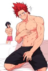 ai_generated black_hair black_shorts blush boku_no_hero_academia boner bystander eijirou_kirishima erection erection_under_clothes flustered gay glasses kirishima_eijirou large_pecs male_only my_hero_academia pink_shorts red_eyes red_hair shirtless shirtless_male shy spiky_hair surprised sweat yaoi yaoi0man