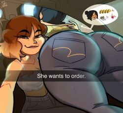 2023 2d_(artwork) 2girls arm_around_partner big_ass brown_eyes brown_hair bubble_butt burrito crop_top drive_thru dumptruck_ass fat_ass he_wants_to_order lesbian_couple megan_(oddtenn) meme mexican_food oddtenn ophelia_(oddten) ordering_food ruffled_shirt she_wants_to_order smiling_at_viewer taco taco_bell taking_selfie tenuousoddity