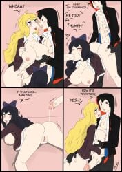 2boys 2girls big_breasts black_hair black_hair_female blake_belladonna blonde_female blonde_hair blowjob breasts clone cum cum_in_pussy cum_inside doggy_style half-dressed half_naked heart-shaped_pupils jin_satou original_character purple_eyes rwby school_uniform sex sex_from_behind spitroast yang_xiao_long yellow_eyes zronku