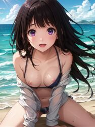 ai_generated black_hair blush breasts chitanda_eru embarrassed female female_focus female_only hyouka nipples purple_eyes shy stable_diffusion