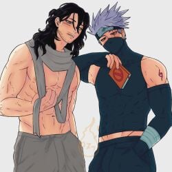 2boys abs aizawa_shouta boku_no_hero_academia crossover eraserhead forehead_protector hatake_kakashi male male_focus male_only muscles muscular muscular_male my_hero_academia naruto naruto_(series) naruto_shippuden scar scar_across_eye scarf shirtless shirtless_male shouta_aizawa tattoo teacher