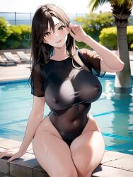 1girls ai_generated ai_mirror arm_up belly_button big_breasts black_bodysuit blush bodysuit brown_eyes brown_hair bushes fence hand_on_head long_hair looking_at_viewer nipples nipples_visible_through_clothing palm_tree panties_visible_through_clothing pool pool_chair poolside smile thick_thighs tilted_head translucent_clothing tree white_skin