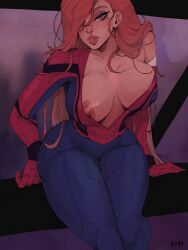 1girls 2021 areolae big_breasts bodysuit breasts cosplay costume evviart female female_only hair_over_one_eye long_hair looking_at_viewer marvel marvel_comics mary_jane_watson narrowed_eyes nipples nipples_outside open_bodysuit red_eyes red_hair solo spider-man_(cosplay) spider-man_(series) thick_thighs